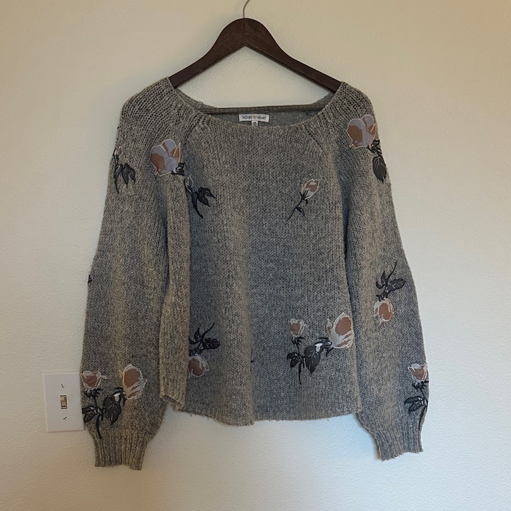 Gray Floral Embroidered Sweater